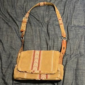 Vintage Fossil Crossbody Bag Canvas with Leather & Stud Accents